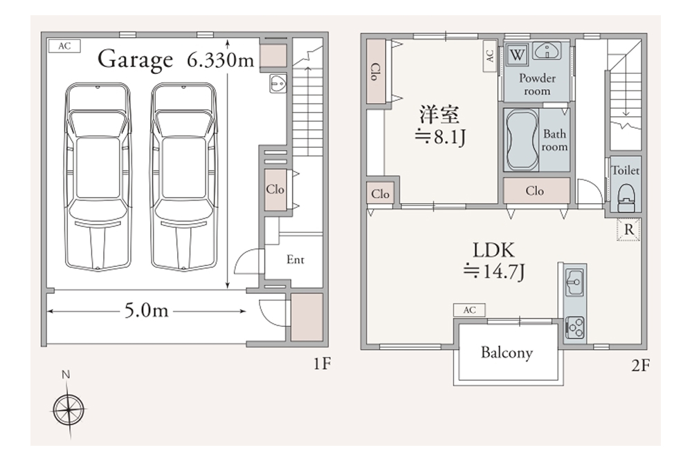 ガレージ内に並列2台駐車可能な貴重なガレージハウス